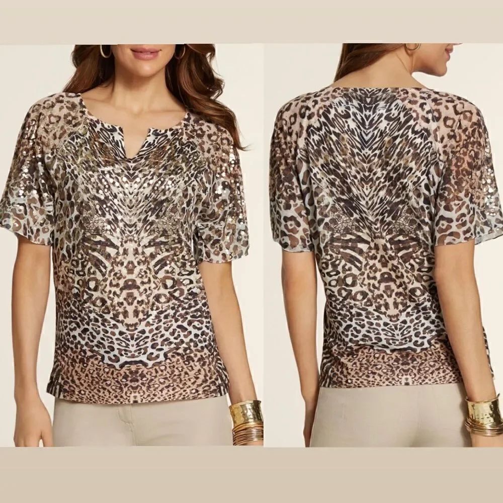 Chico’s Reverse Patchwork Flutter Split-Neck Animal Print Top size L